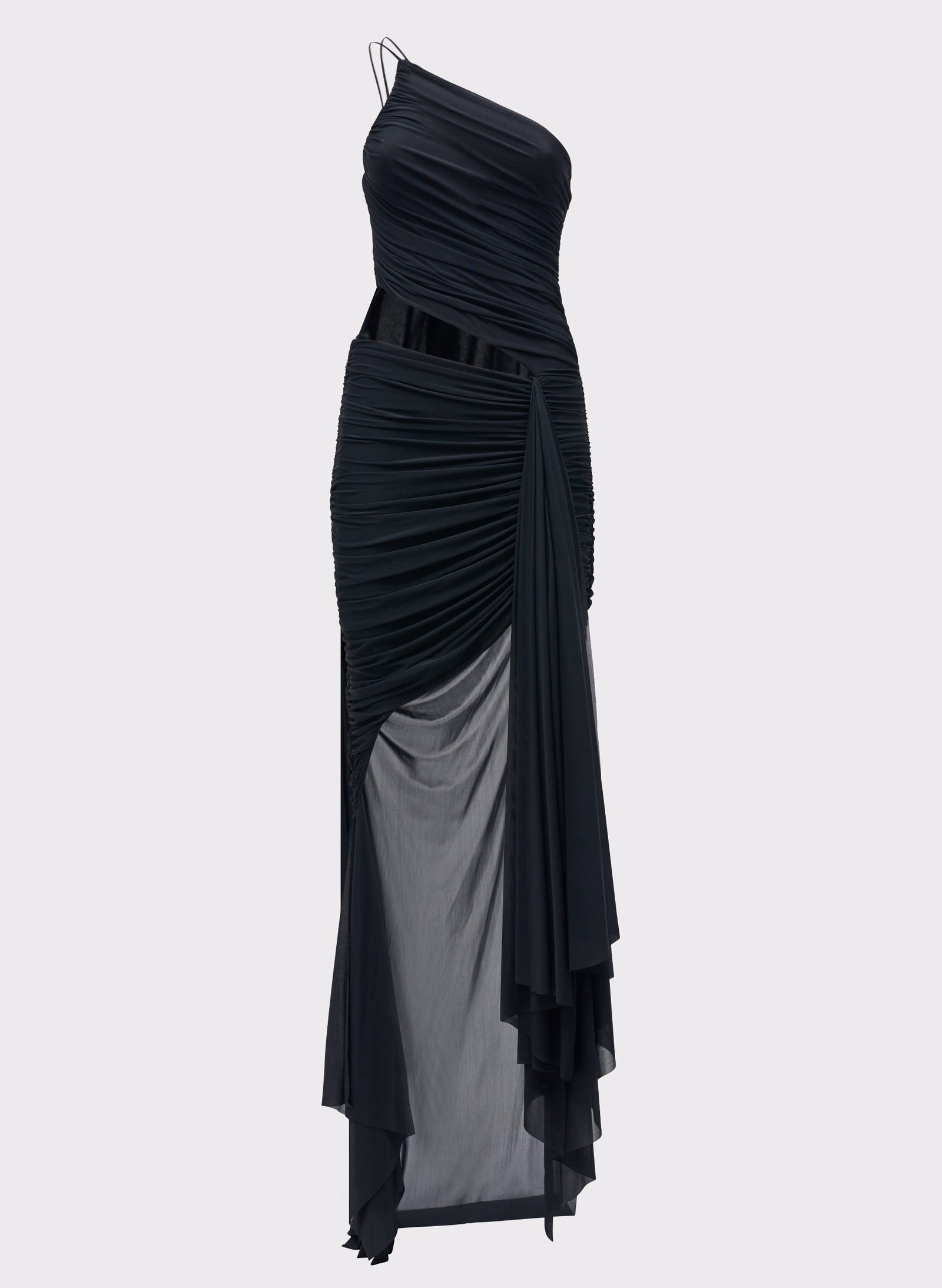 Asymmetrical long black dress with one-shoulder strap, cut-out at waist, and asymmetric hem with panels.
