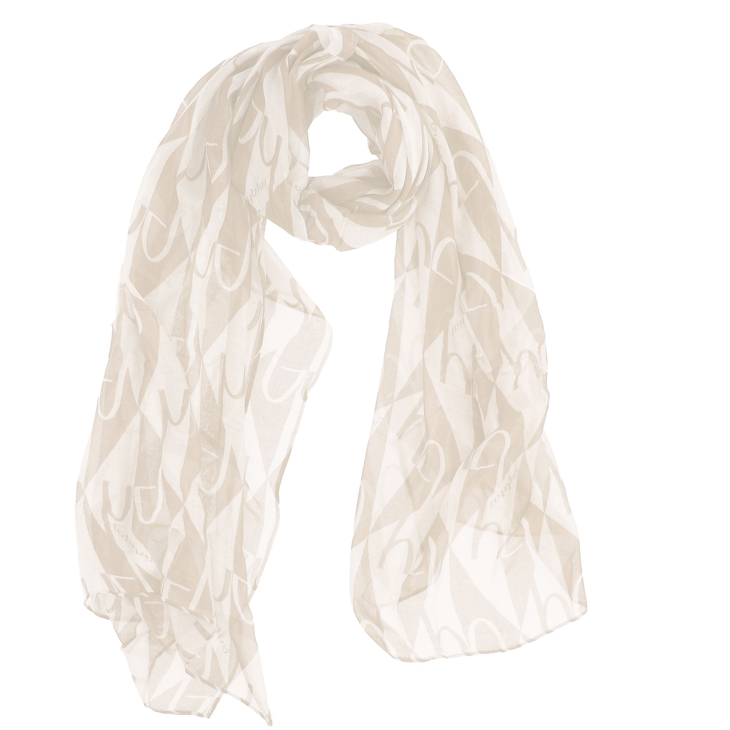 A beige pashmina scarf with a logo pattern throughout, displayed on a plain background.