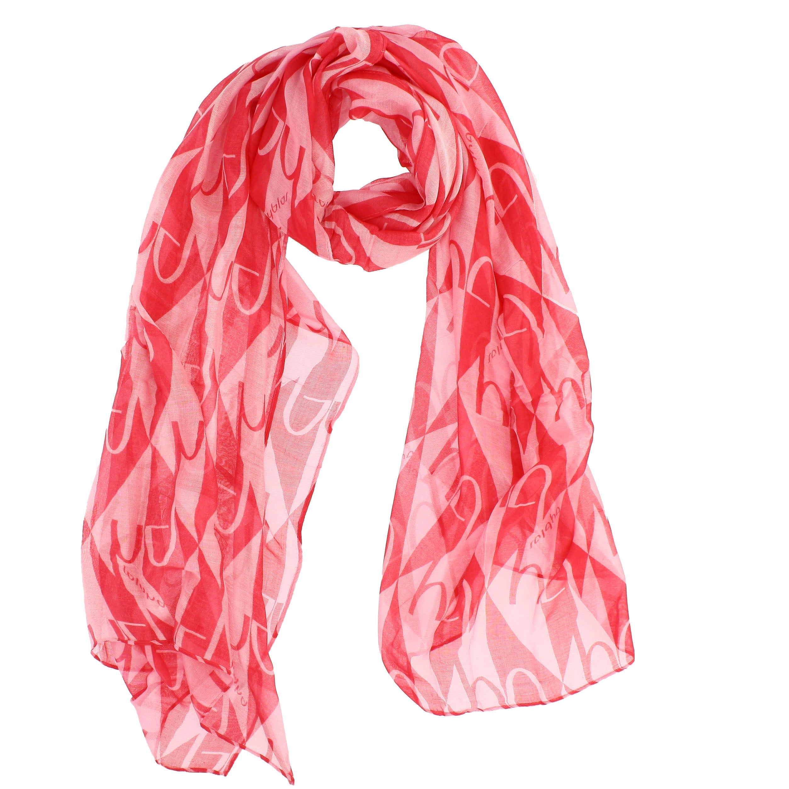 A pink pashmina scarf with a geometric pattern displayed on a white background.