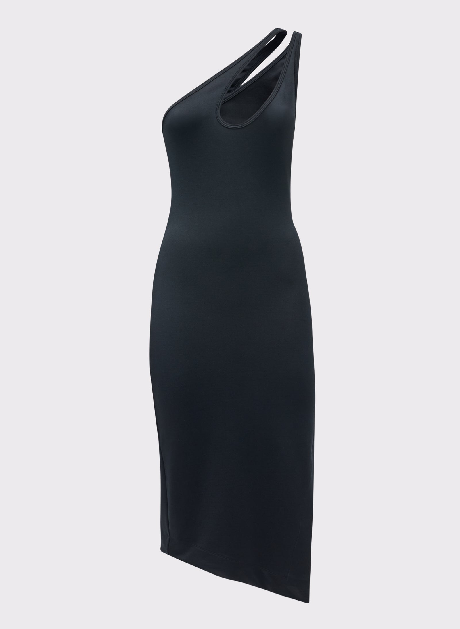 A black, one-shoulder dress with a side slit, made from a stretch technical jersey fabric.
