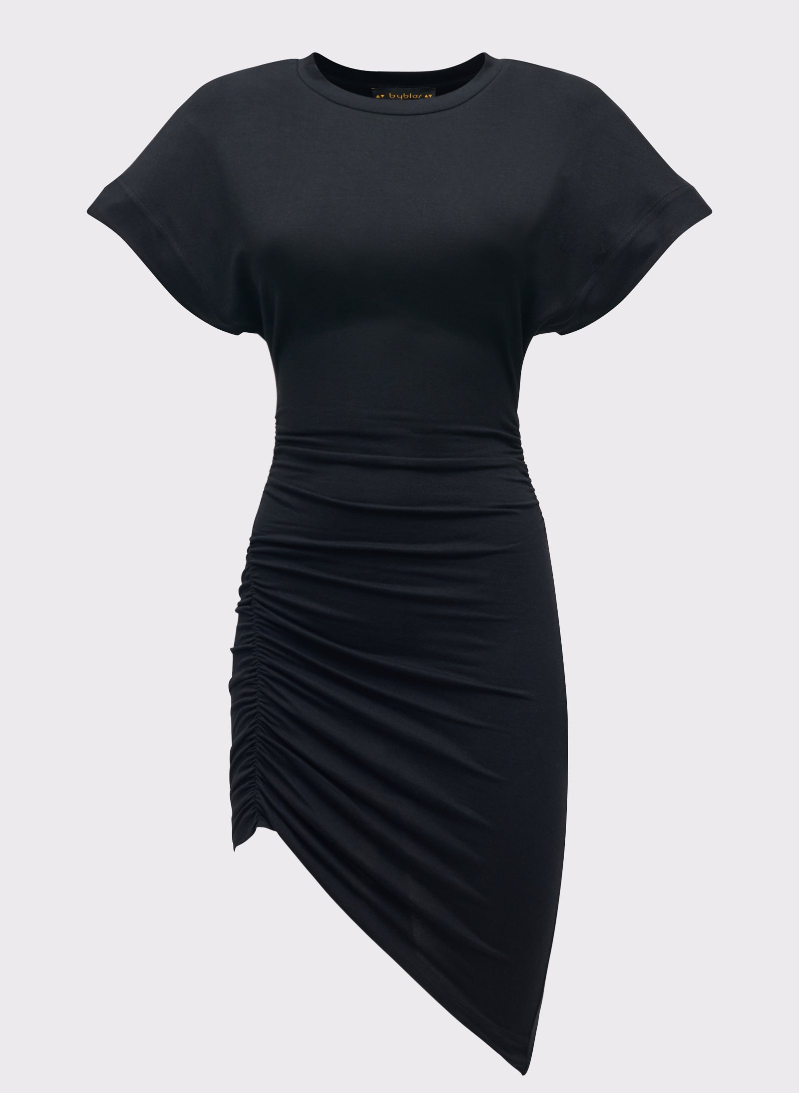A black stretch jersey mini dress with a round neckline, short kimono sleeves, and an asymmetrical hem with side gathers. It has a fitted skirt with a slight drape and a 3D logo on the back.
