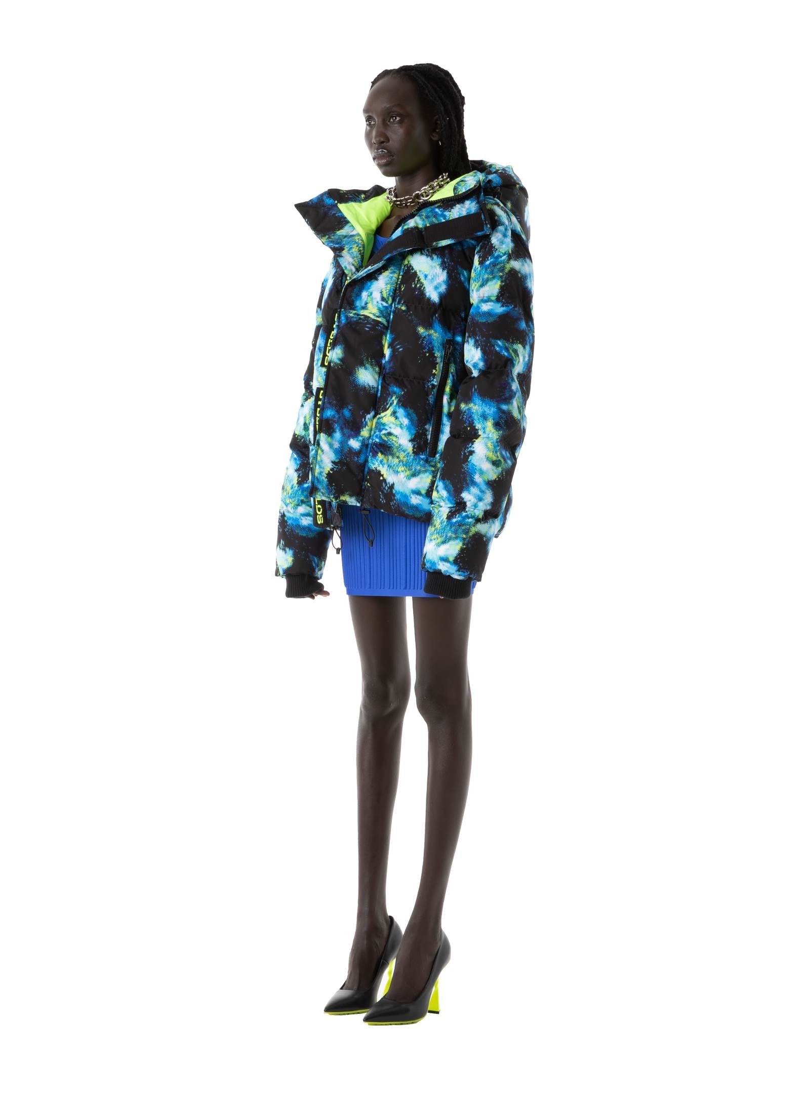 Galaxy Printed Blu/Lime Puffer Jacket