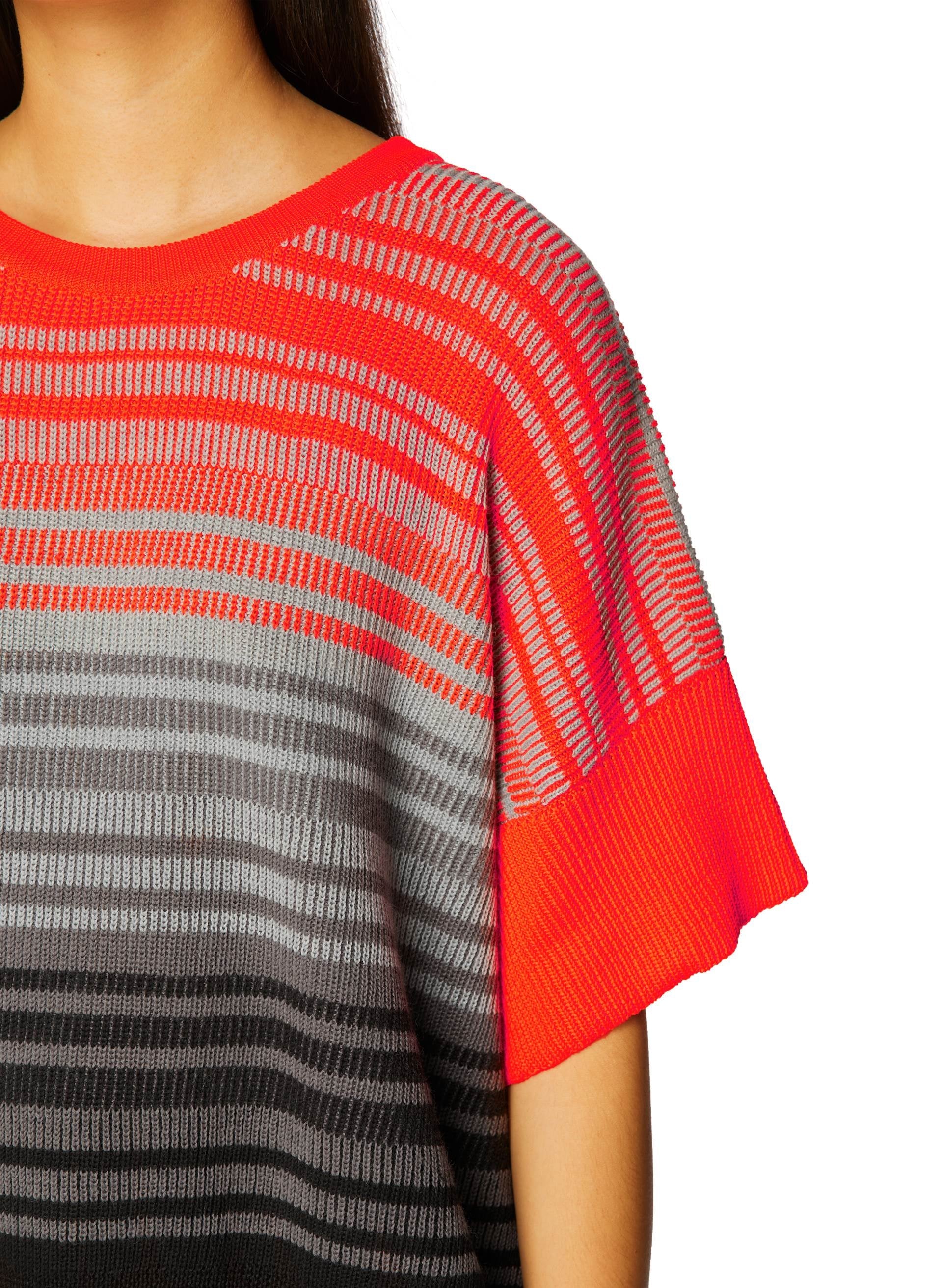 Striped knit top featuring vibrant red and gray hues with a relaxed silhouette and short sleeves - Byblos contemporary style.