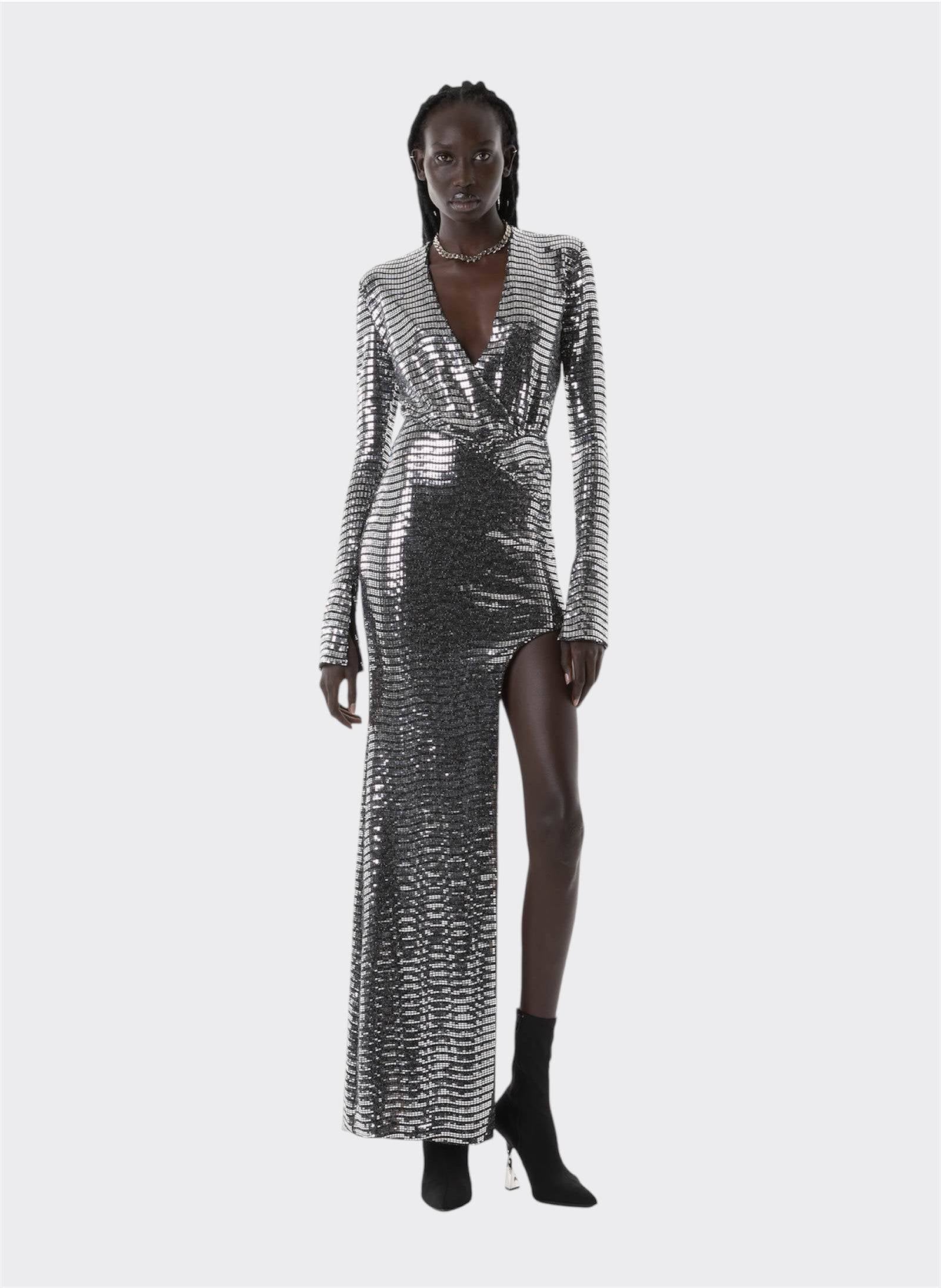 Byblos Silver Techno Paillettes Dress in silver - detail view