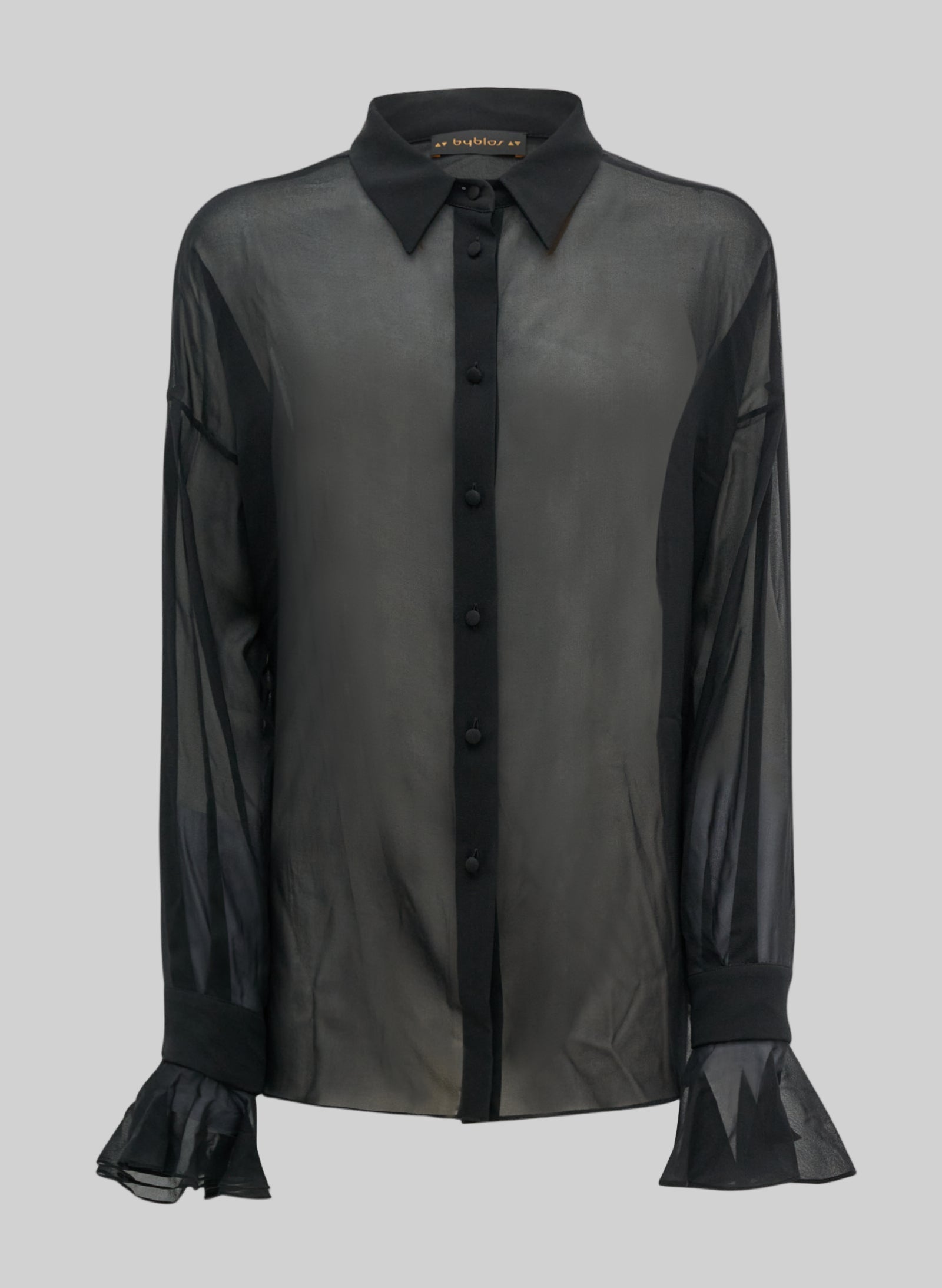 Black sheer blouse with black accents on a white background