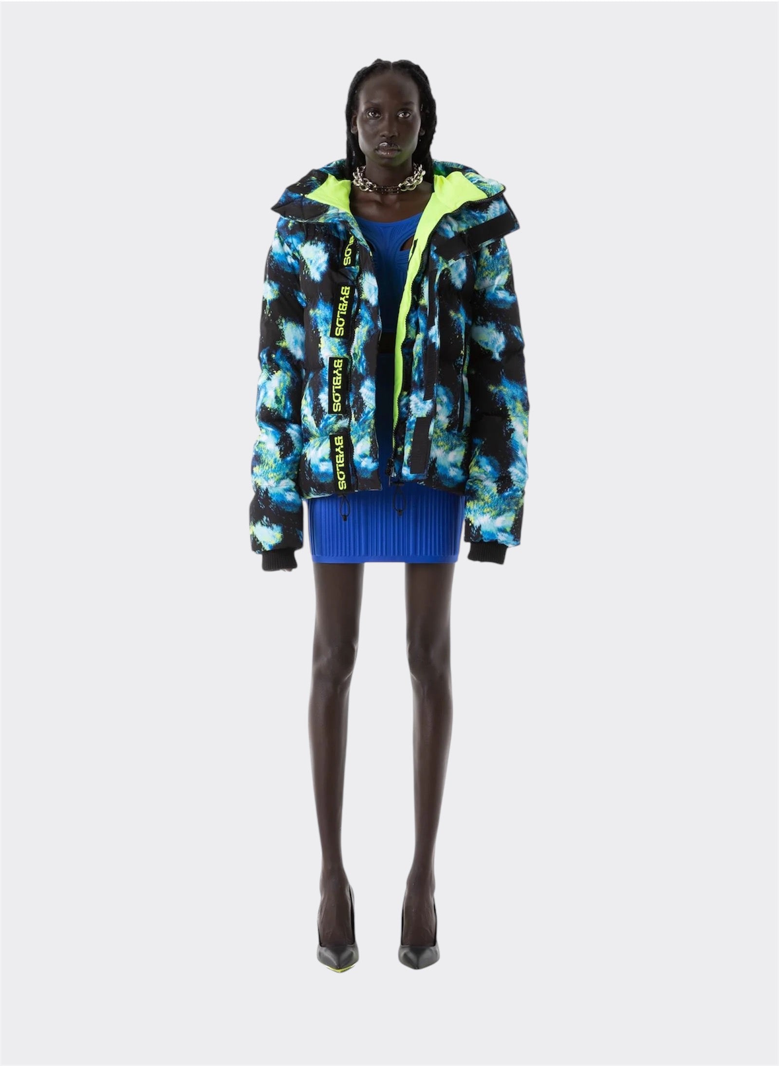 Galaxy Printed Short Blu/Lime Puffer Jacket