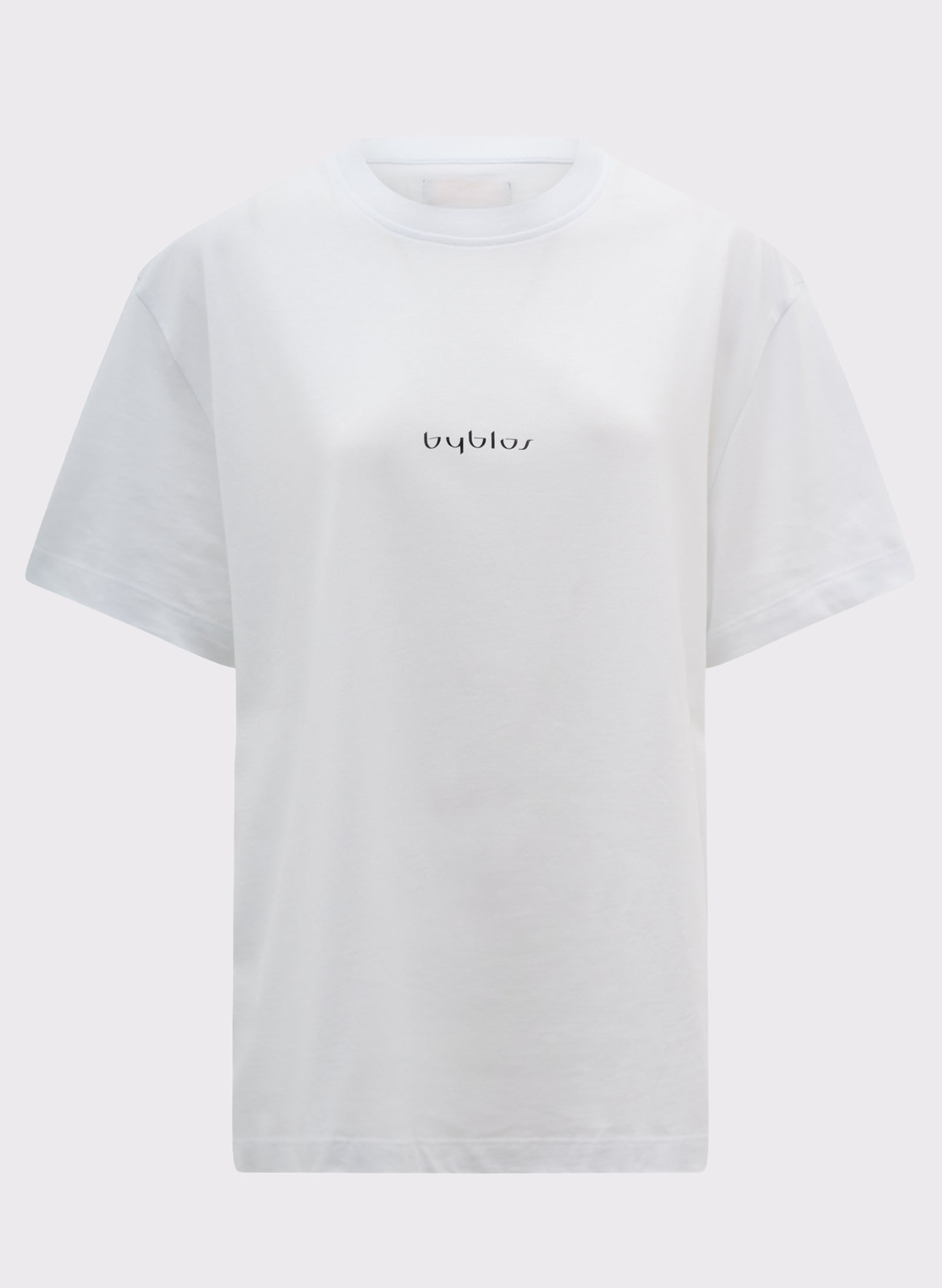 White t-shirt with a logo on a white background
