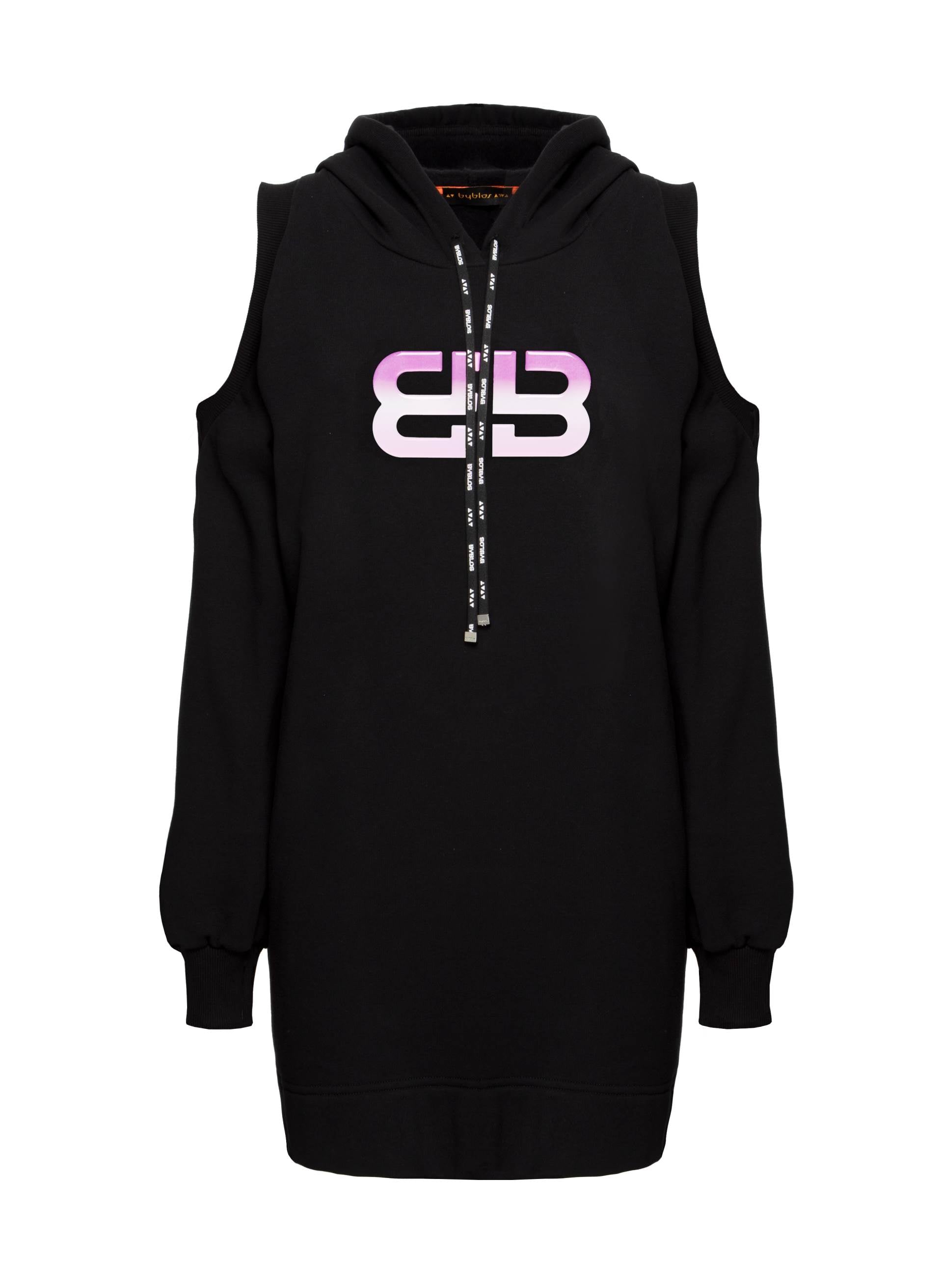 Black Black Monogram Cotton Dress with cut-out shoulder design and gradient logo, embodying Byblos' contemporary luxury style.