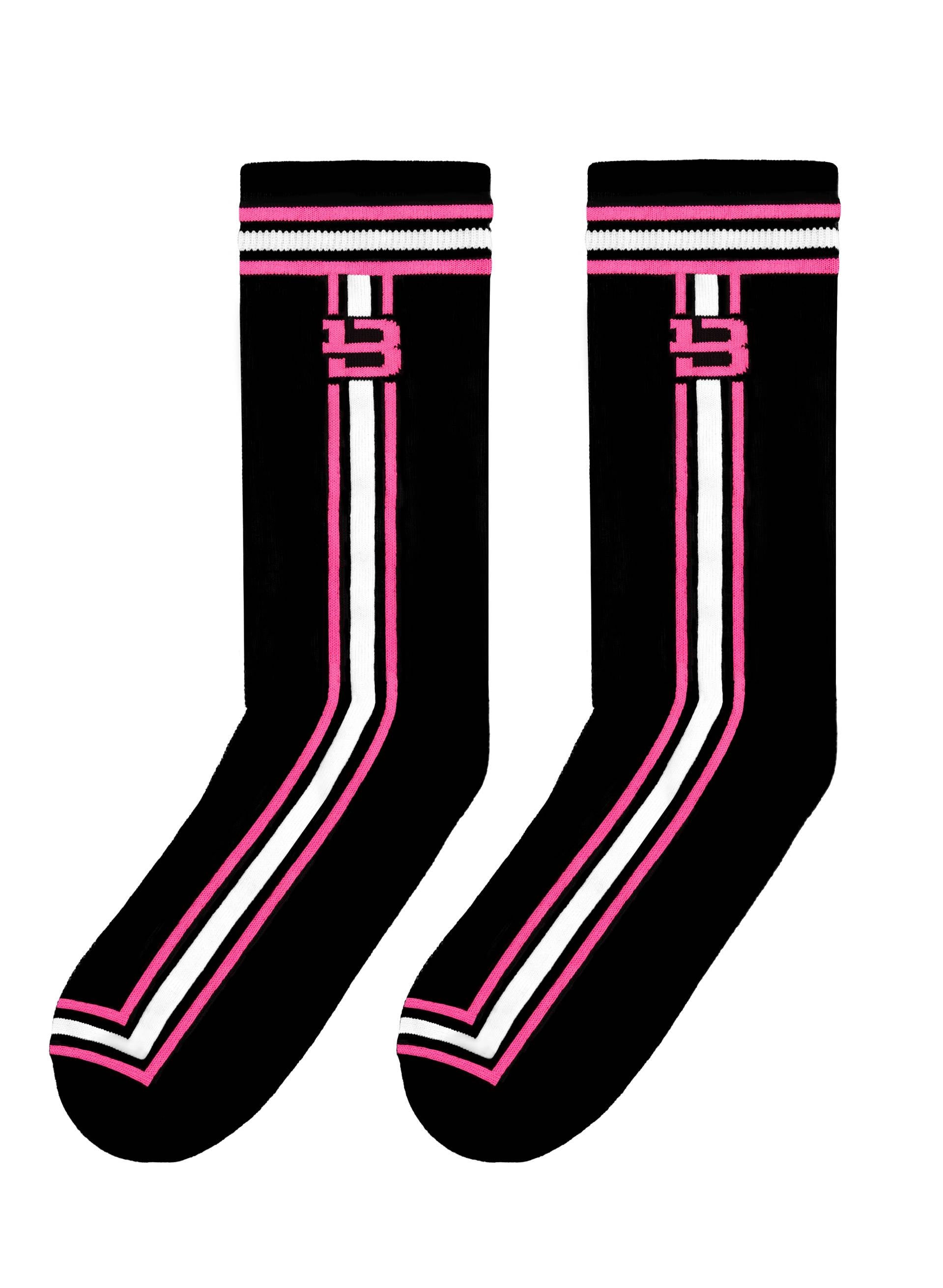 Black Cotton Logo Socks featuring bold pink and white stripes, with a logo detail for a contemporary touch - Byblos elegance.