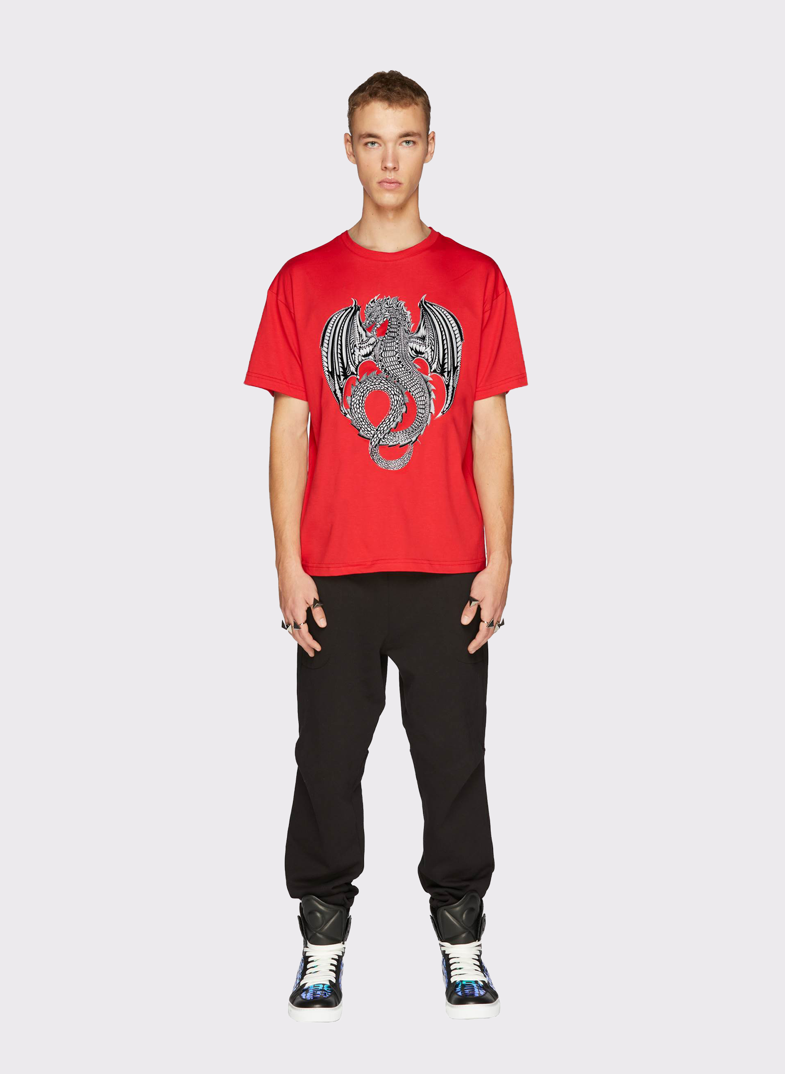 Byblos Cotton T-Shirt with Dragon Graphic Print in rosso - vista laterale