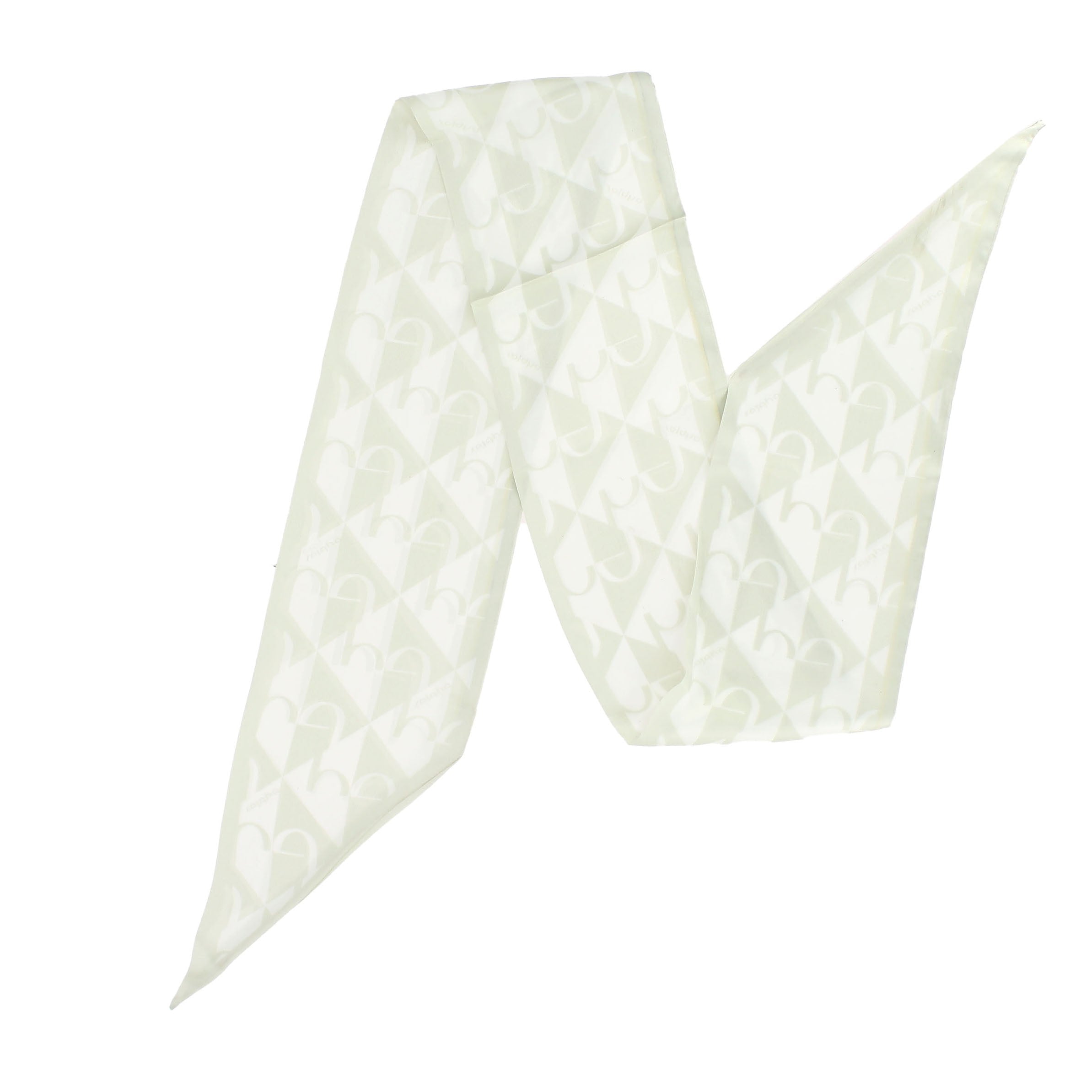 A beige mini scarf with an all-over triangular print, displayed in an unfolded state next to a white box.
