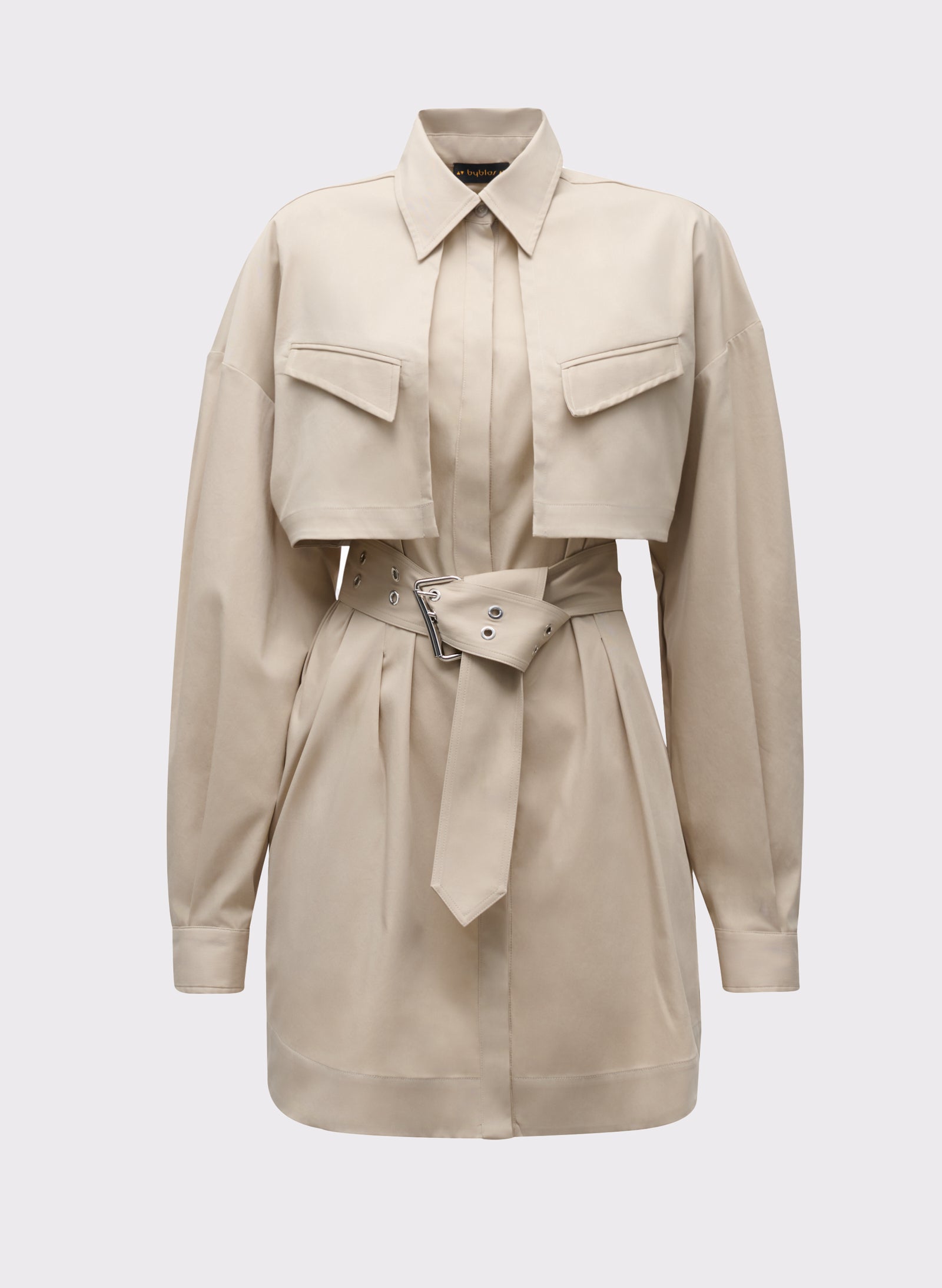 A beige belt shirtdress with long sleeves, side pockets, and a collared neckline.