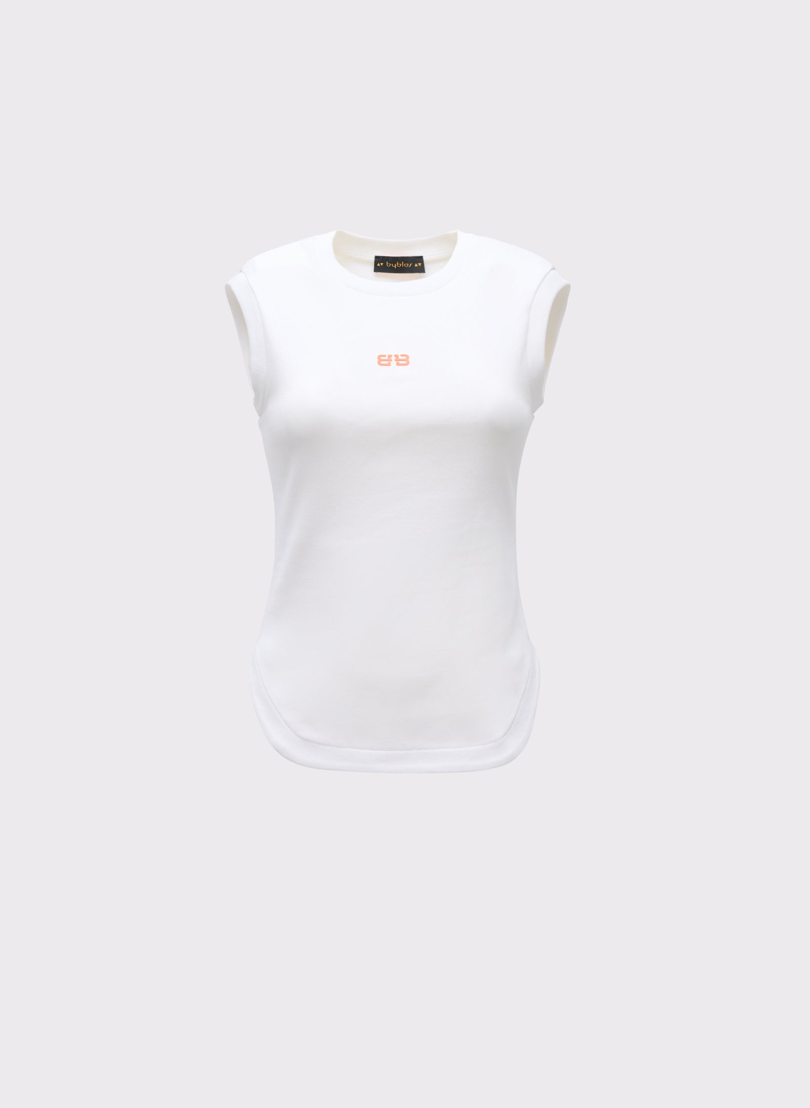 White ribbed jersey tank top with a round neck and sleeveless design, featuring a small contrasting logo on the front.