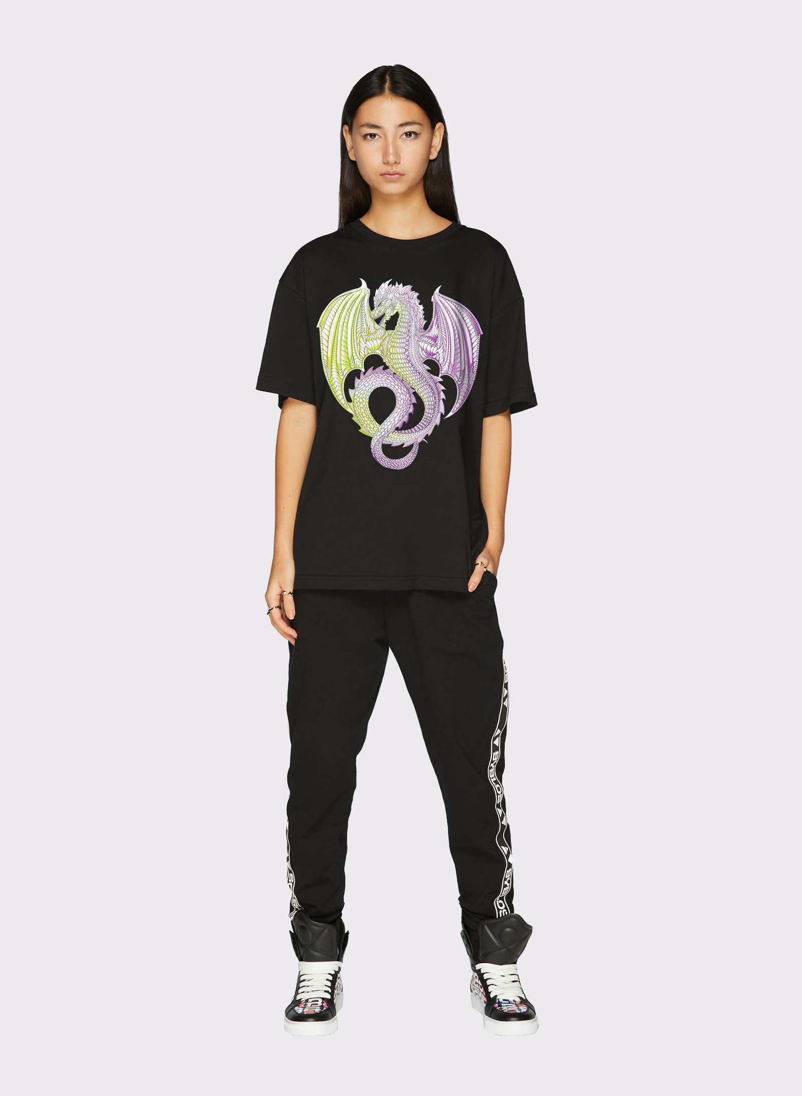 Byblos Cotton T-Shirt with Dragon Graphic Print in black - front view