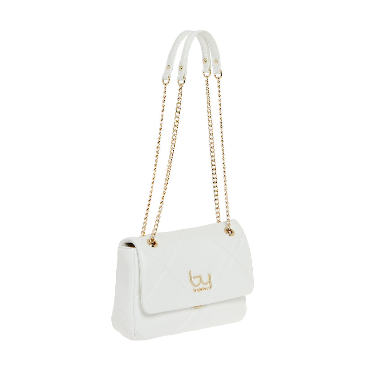 A white Dorado shoulder bag with a matelassé geometric design, featuring an adjustable shoulder strap and a gold-colored chain.