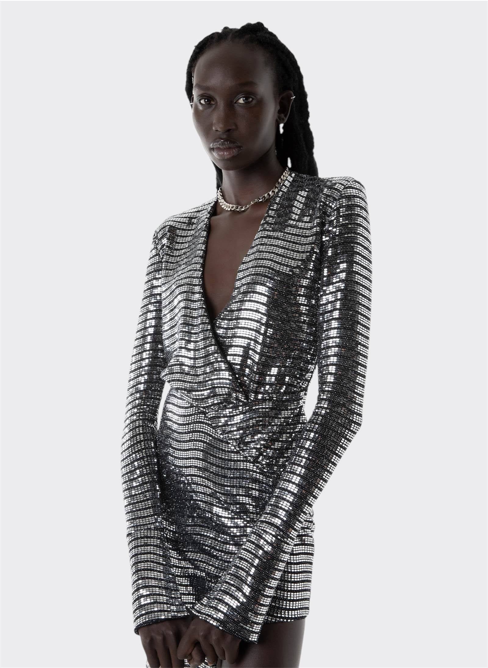 Byblos Silver Techno Paillettes Dress in silver - side view