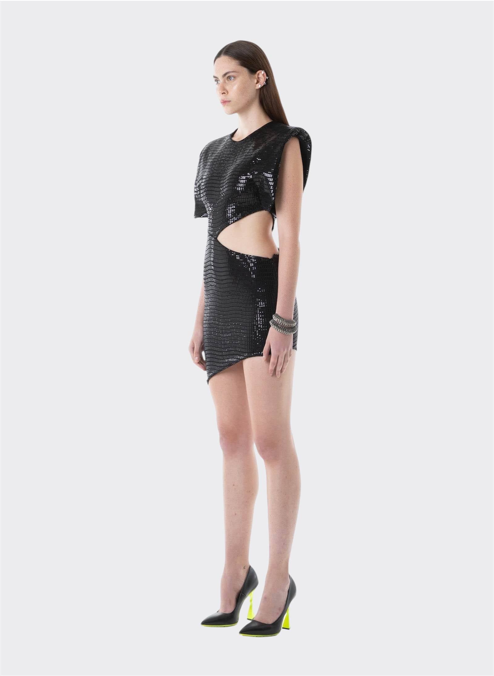 Black Techno Paillettes Mini Dress